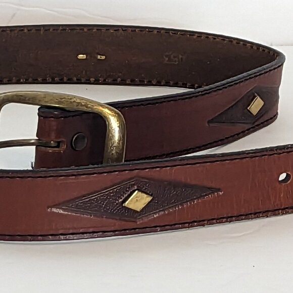 Vintage Leather Belt Geometric Diamond Pattern Western Bronze Tone Hardware - Picture 5 of 8